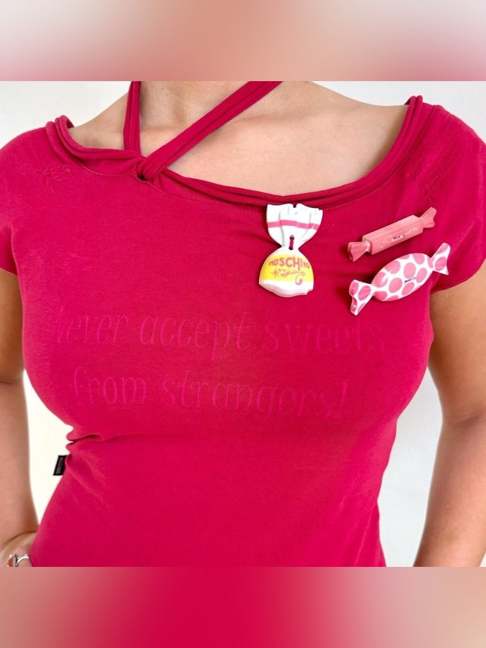 1990s Moschino “Never Accept Sweets from Strangers” Off the Shoulders Candy Top - Picture 4 of 8